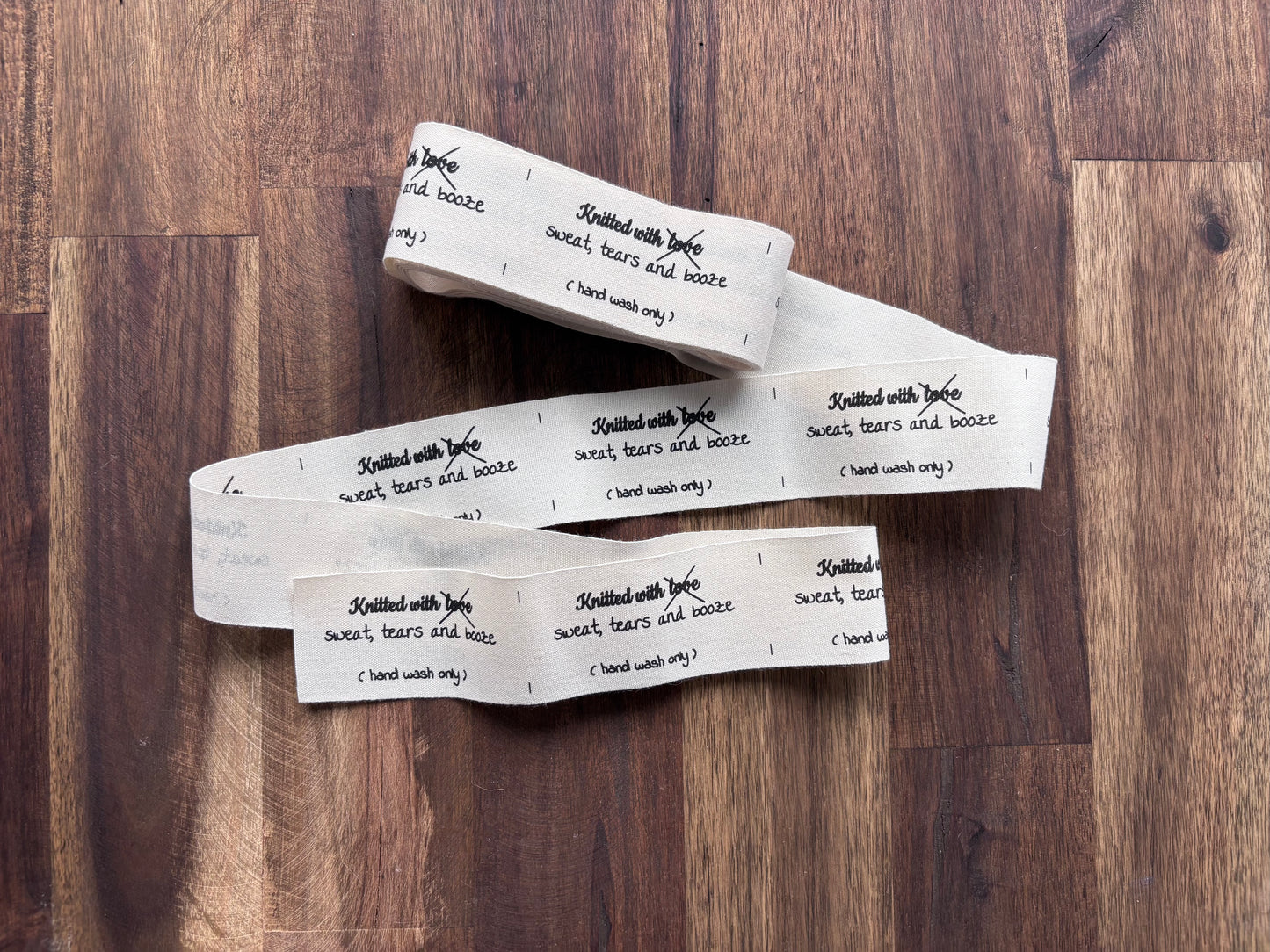 "Knitted with sweat, tears and booze" clothing labels for knitted garments. 70 mm * 35 mm. 5 pcs.