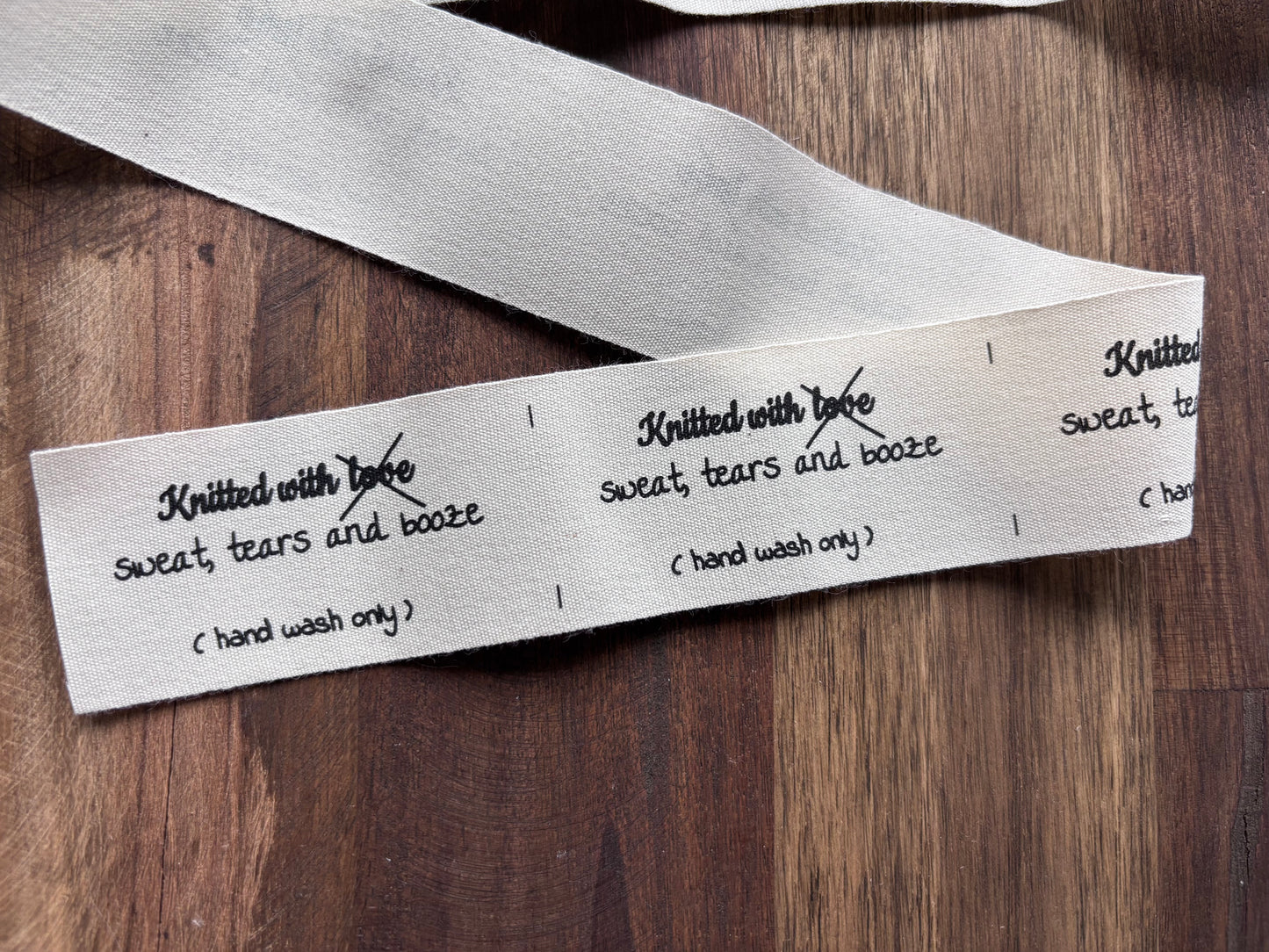 "Knitted with sweat, tears and booze" clothing labels for knitted garments. 70 mm * 35 mm. 5 pcs.