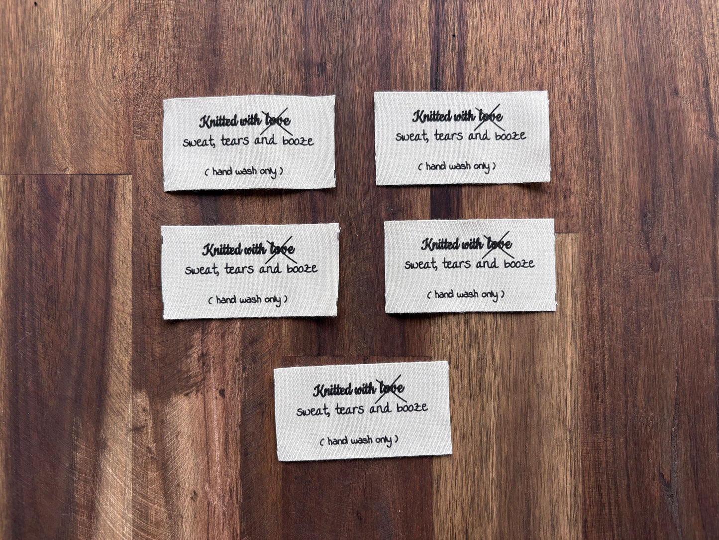 "Knitted with sweat, tears and booze" clothing labels for knitted garments. 70 mm * 35 mm. 5 pcs.