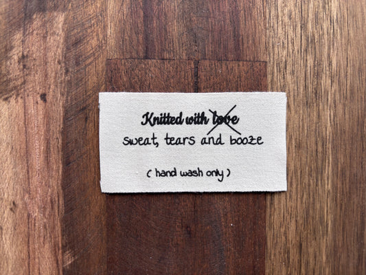 "Knitted with sweat, tears and booze" clothing labels for knitted garments. 70 mm * 35 mm. 5 pcs.