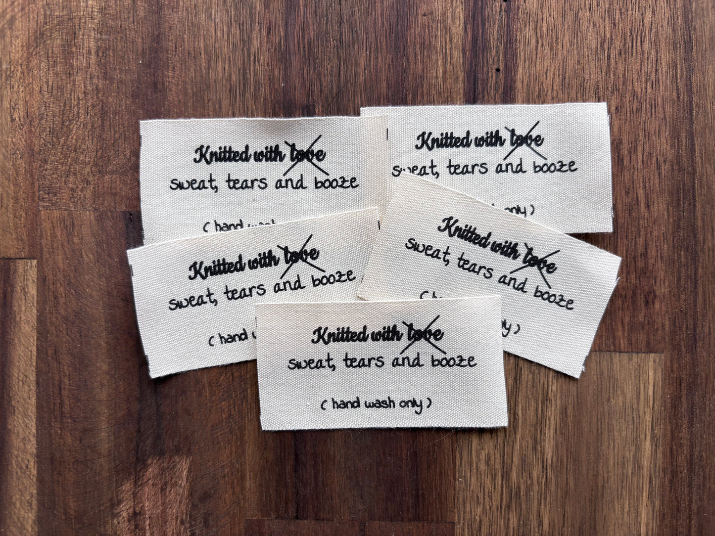 "Knitted with sweat, tears and booze" clothing labels for knitted garments. 70 mm * 35 mm. 5 pcs.