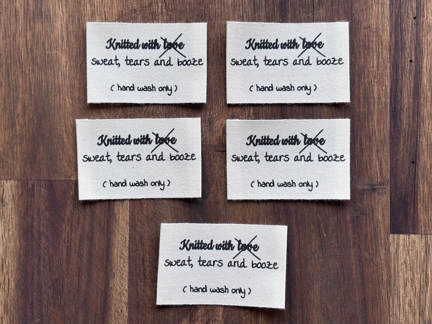 "Knitted with sweat, tears and booze" clothing labels for knitted garments. 70 mm * 35 mm. 5 pcs.