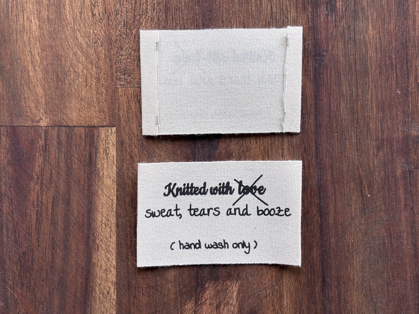 "Knitted with sweat, tears and booze" clothing labels for knitted garments. 70 mm * 35 mm. 5 pcs.