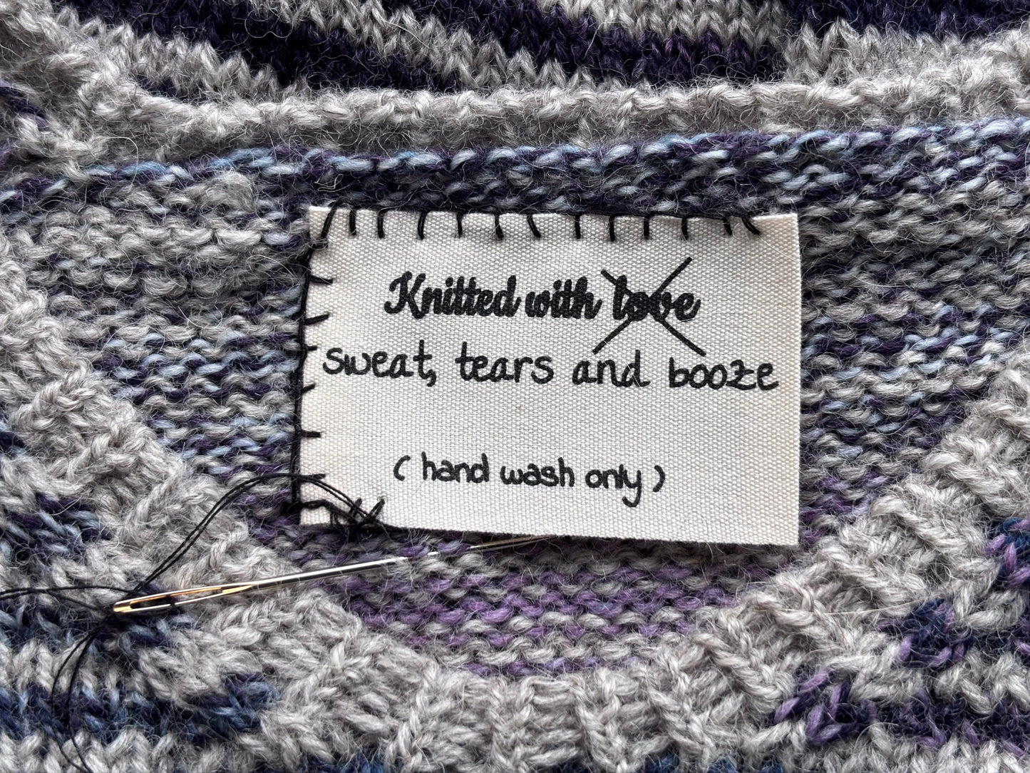 "Knitted with sweat, tears and booze" clothing labels for knitted garments. 70 mm * 35 mm. 5 pcs.