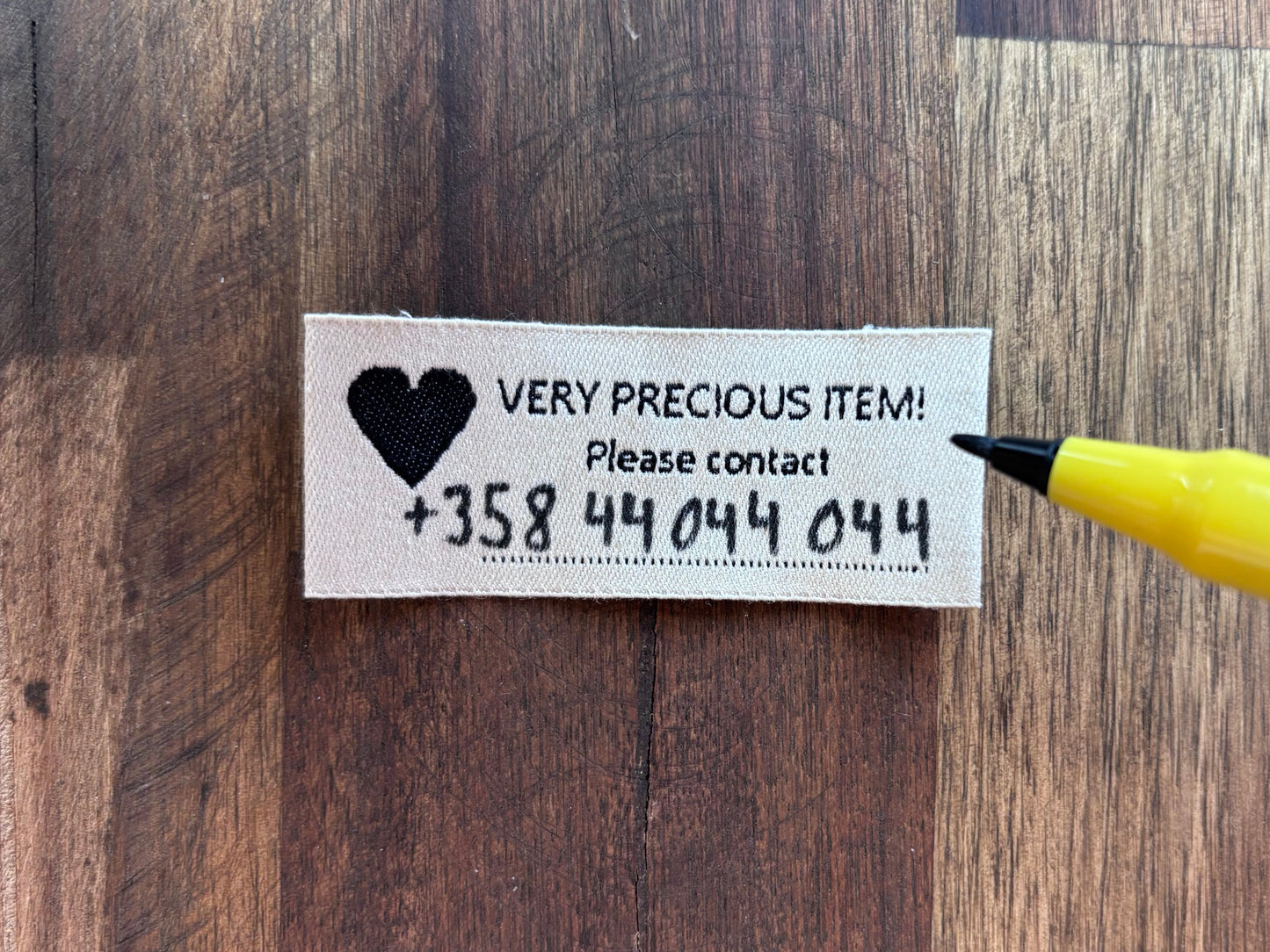 "Very precious item! Please contact " Sew-in tag with contact info for clothing, accessories and toys. 4 pcs.