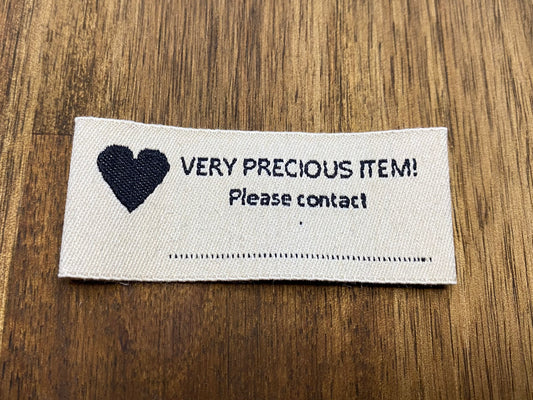 "Very precious item! Please contact " Sew-in tag with contact info for clothing, accessories and toys. 4 pcs.