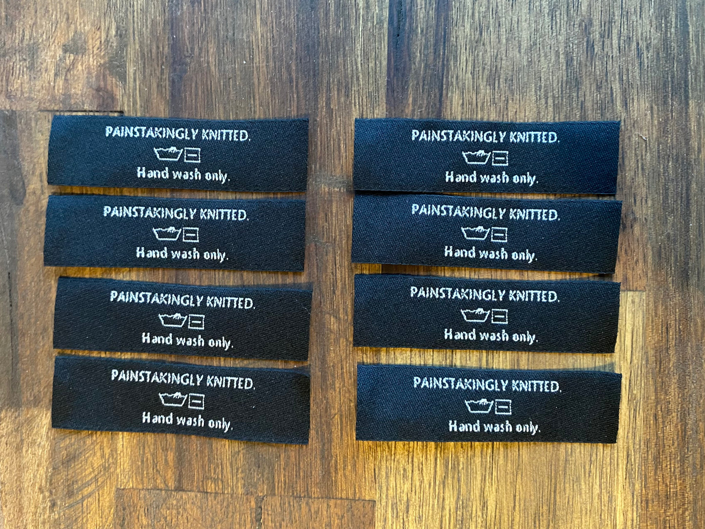 "Painstakingly knitted. Handwash only." - Clothing Labels for Knitted Garments - 15 mm*60 mm. 8 pcs.